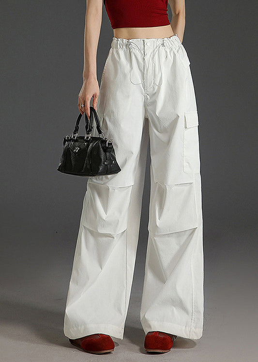 Style White Pockets Drawstring Cotton Pants Fall