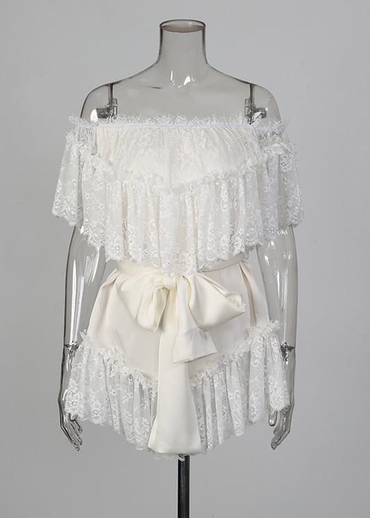 Style White Slash Neck Patchwork Lace Mini Dresses Summer