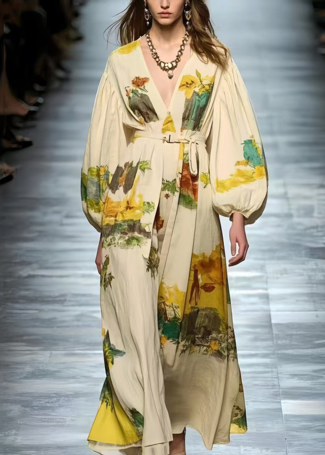 Style White Tie Waist Print Cotton Maxi Dresses Spring