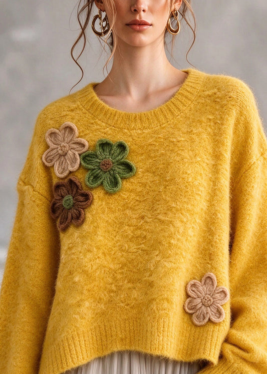 Style Yellow O Neck Floral Thick Knit Sweaters Top Fall