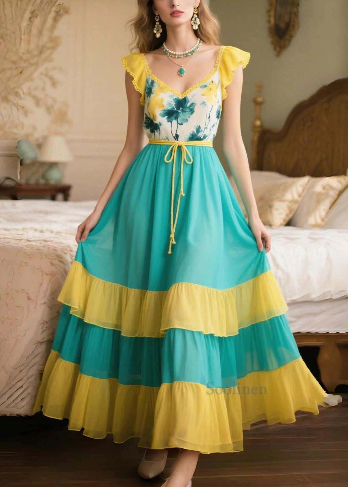 Style Yellow Patchwork Exra Large Hem Chiffon Vestidos Dress Summer