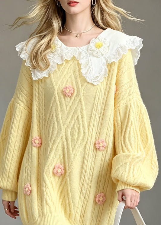 Style Yellow Peter Pan Collar Lace Patchwork Knit Sweaters Fall