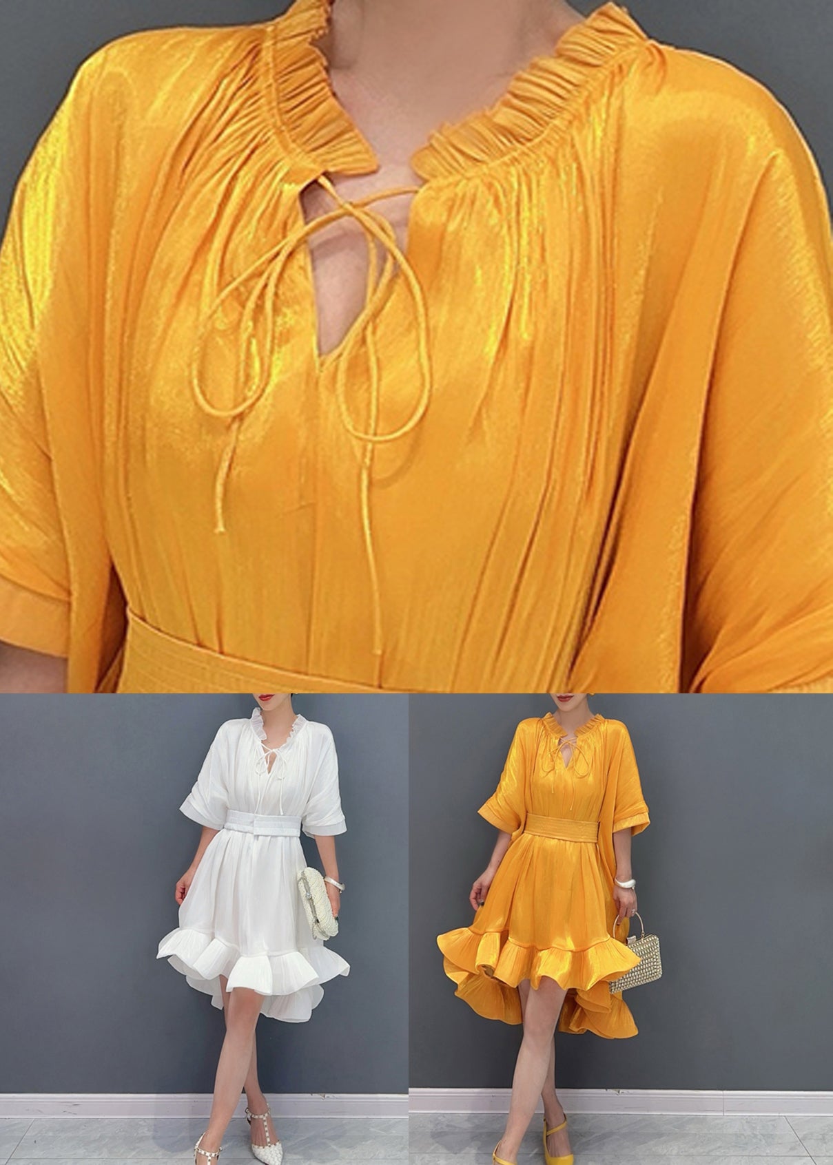 Style Yellow Ruffled Patchwork Low High Design Maxi Dress Summer