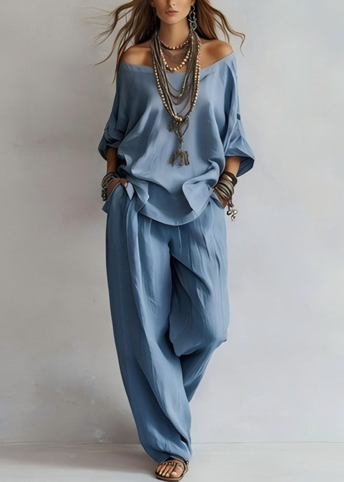 Style Yellow Slash Neck Solid Top And Wide Leg Pants Two Pieces Set Long Sleeve