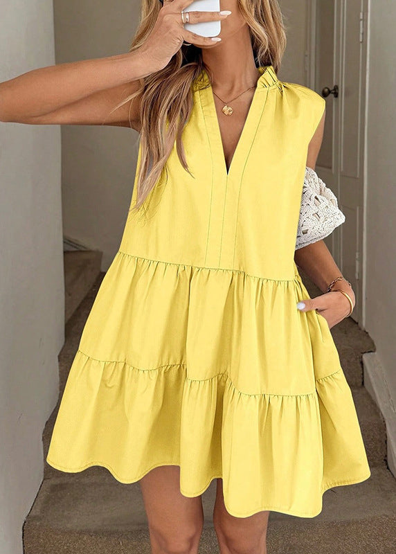 Style Yellow V Neck Oversized Cotton Holiday Dresses Sleeveless