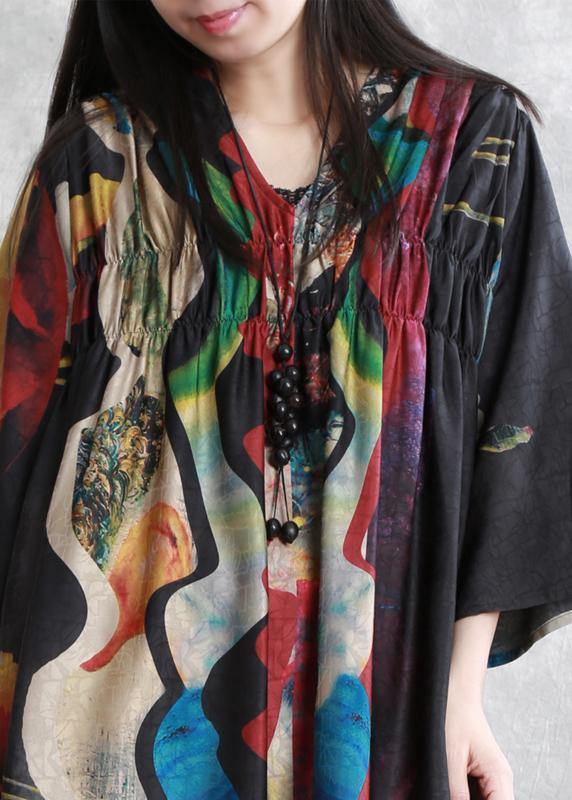 Style black print outfit v neck flare sleeve Dresses summer Dress - SooLinen