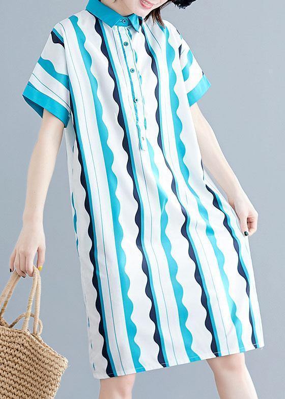 Style green striped Cotton clothes Women lapel tunic summer Dress - SooLinen