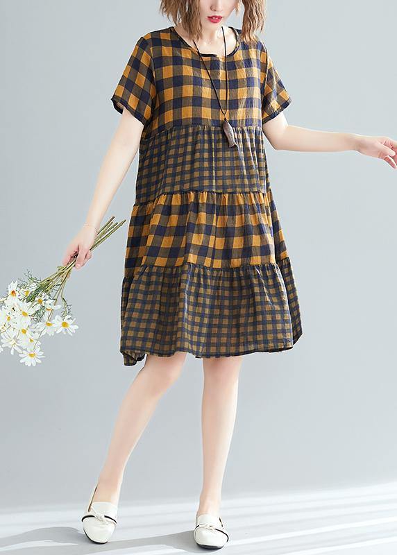 Style o neck patchwork linen cotton quilting dresses 2019 Tutorials yellow Plaid loose Dress Summer - SooLinen