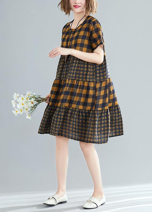 Style o neck patchwork linen cotton quilting dresses 2019 Tutorials yellow Plaid loose Dress Summer - SooLinen