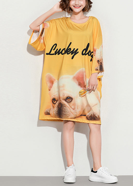 Style yellow print Cotton tunic pattern plus size Sleeve o neck baggy Summer Dress