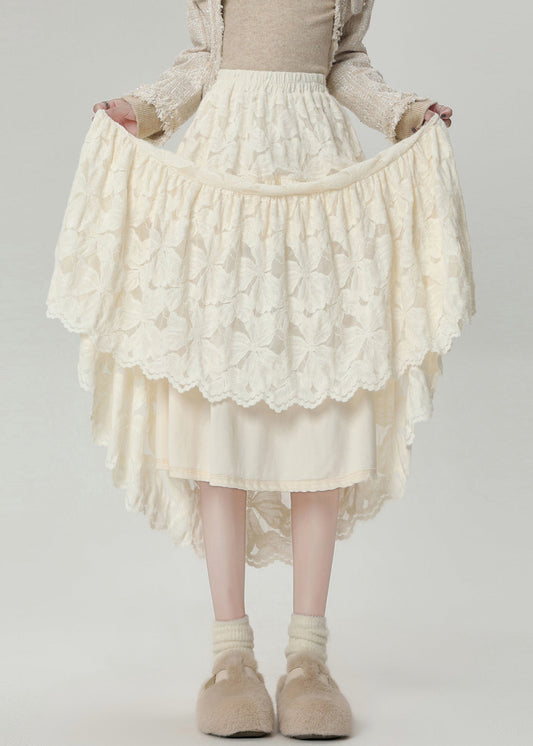 Stylish Apricot Lace High Waist Warm Fleece Maxi Skirts