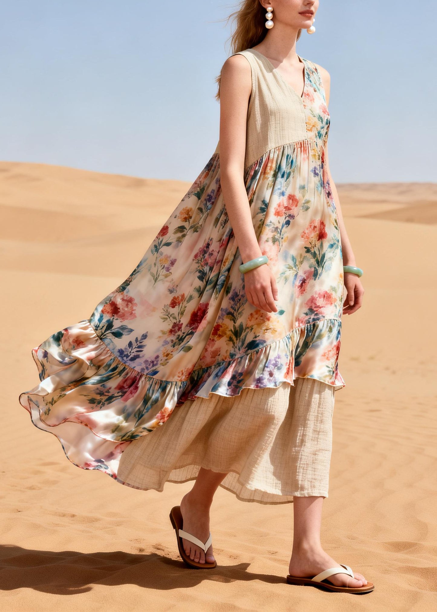 Stylish Apricot Oversized Patchwork Linen Chiffon Holiday Dress Summer