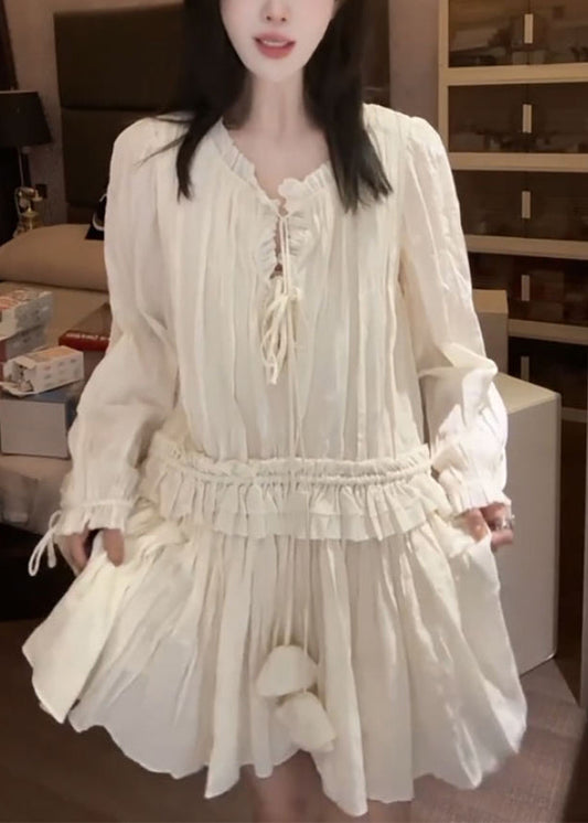 Stylish Apricot Ruffled Lace Up Solid Chiffon Mini Dress Fall