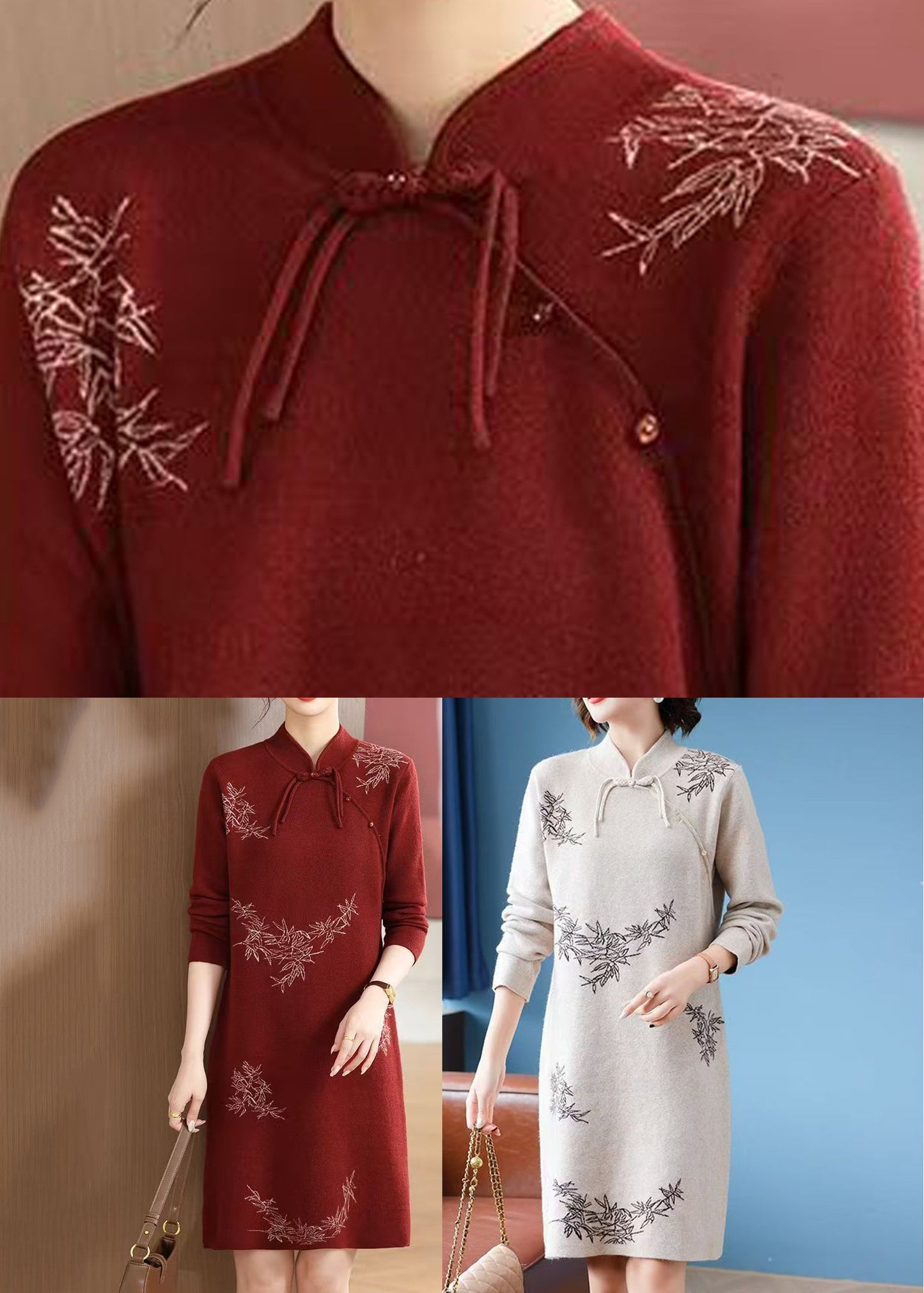 Stylish Apricot Stand Collar Button Cotton Knit Long Sweaters Dress Spring