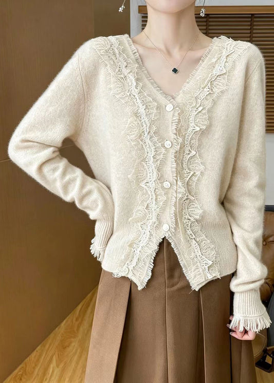 Stylish Apricot V Neck Lace Patchwork Knit Cardigan Fall