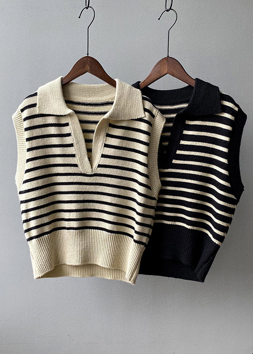 Stylish Apricot V Neck Striped Knit Vest Tops Sleeveless