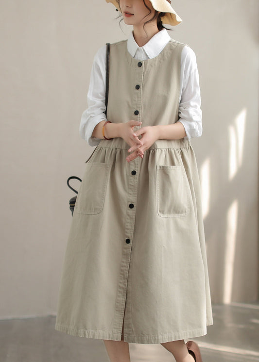 Stylish Beige Oversized Pockets Cotton Dress Sleeveless