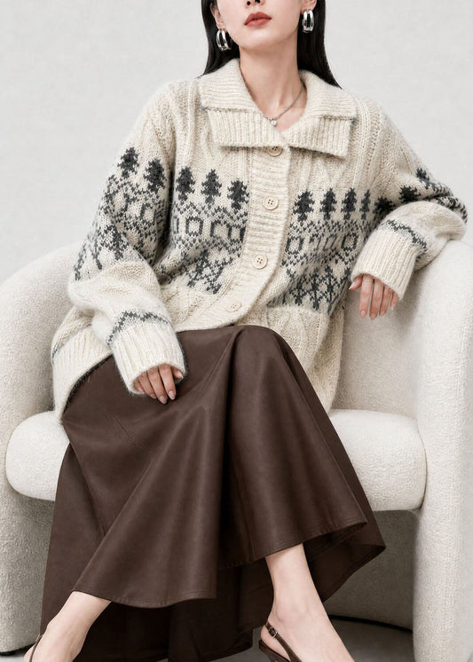 Stylish Beige Peter Pan Collar Jacquard Knit Cardigan Fall
