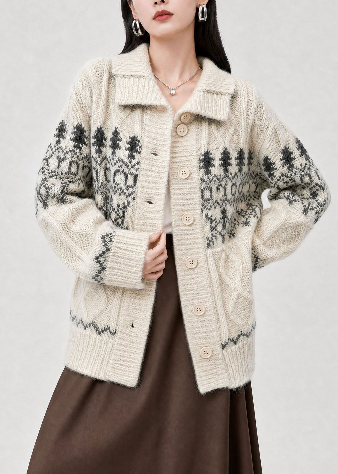 Stylish Beige Peter Pan Collar Jacquard Knit Cardigan Fall