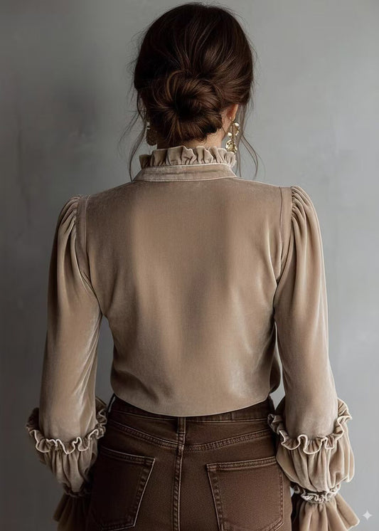 Stylish Beige Ruffled Patchwork Velour Shirt Top Spring