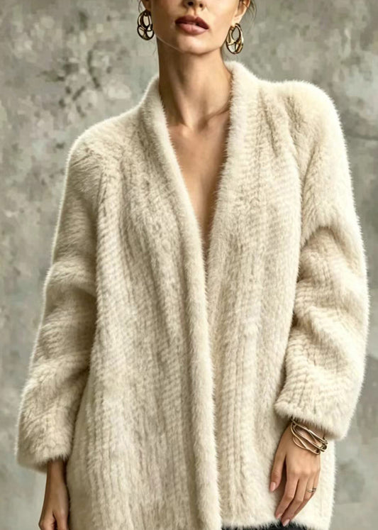 Stylish Beige V Neck Faux Mink Hair Woven Coat Winter
