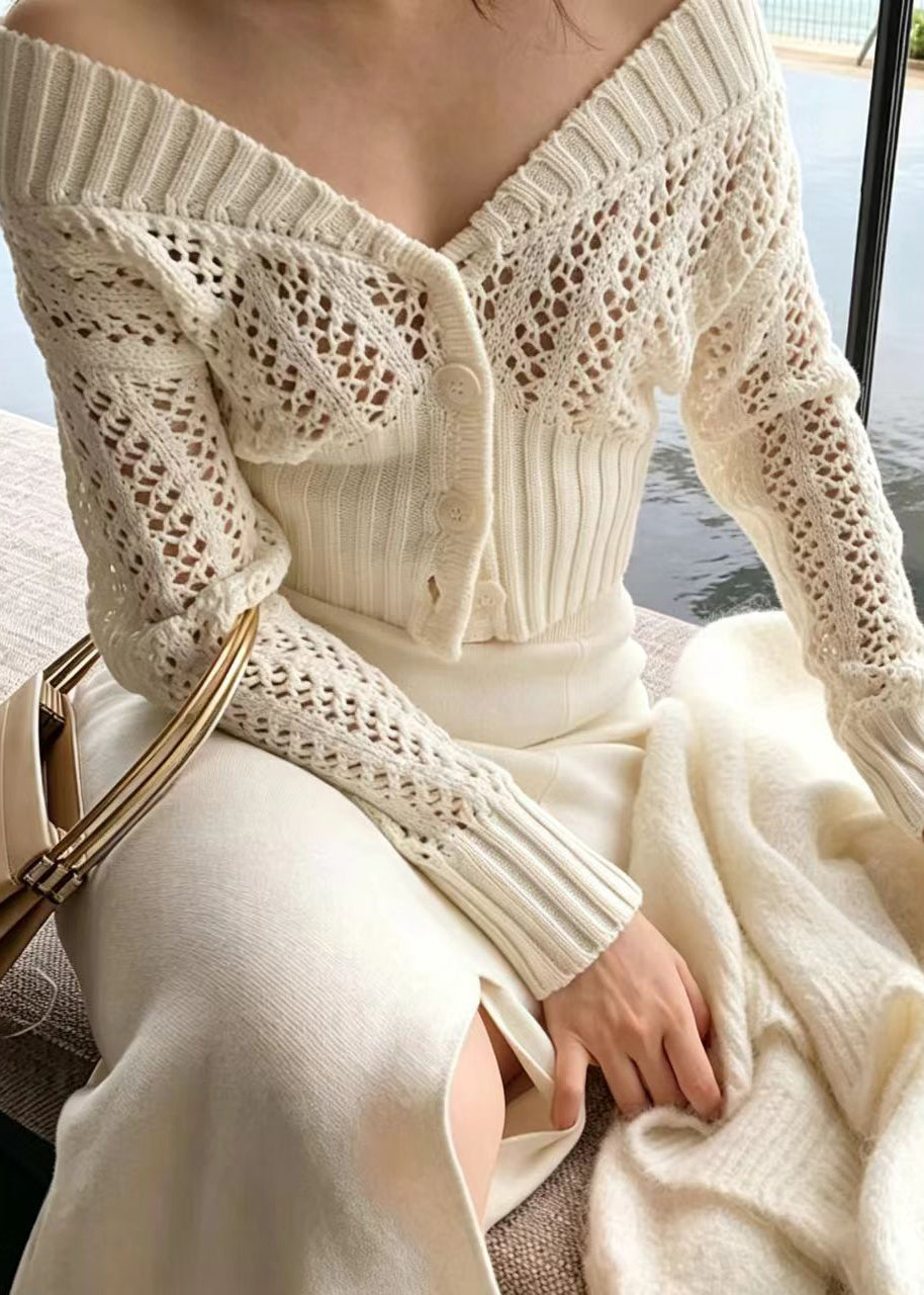 Stylish Beige White Cold Shoulder Hollow Out Knit Cardigan Fall