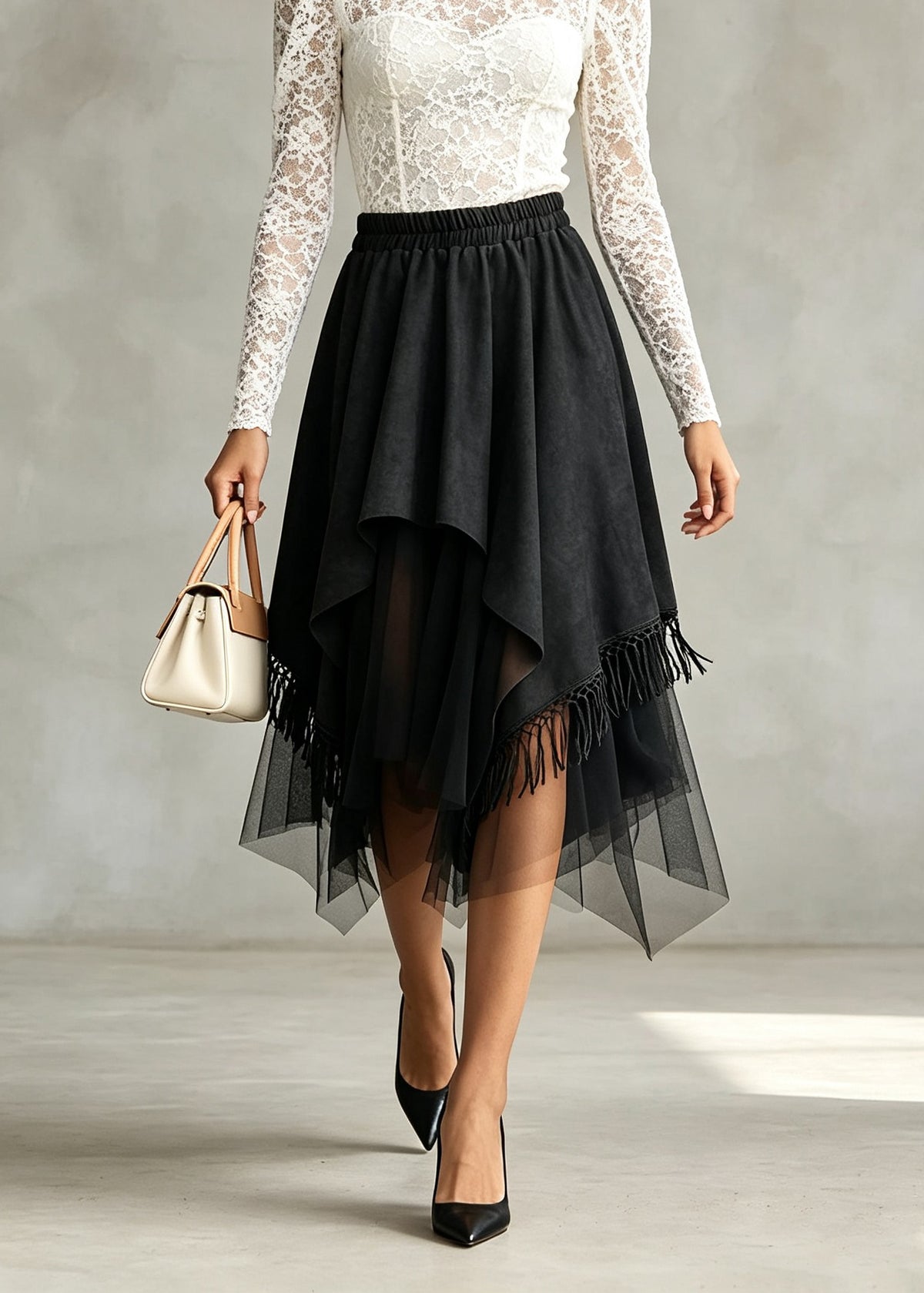 Stylish Black Asymmetrical Tulle Patchwork Faux Suede Skirt Fall