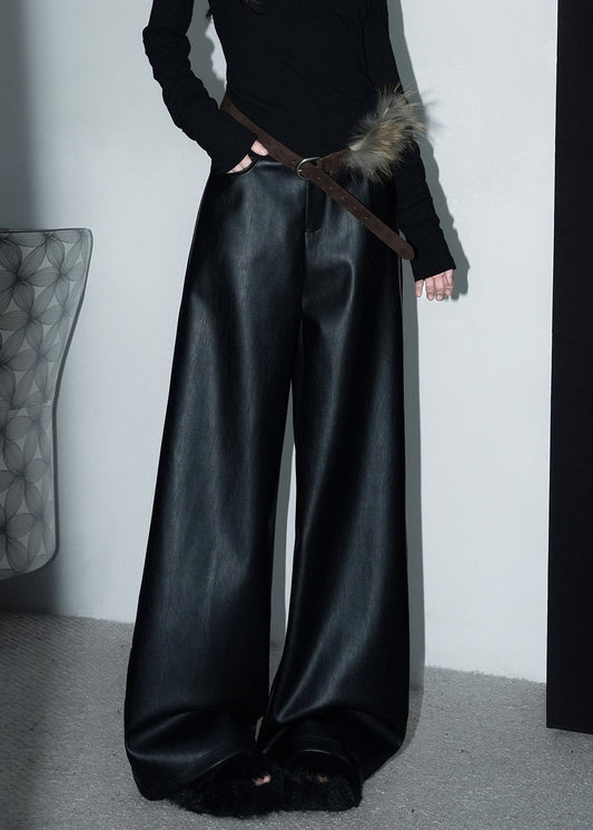 Stylish Black Button Pockets Faux Leather Wide Leg Pants Spring