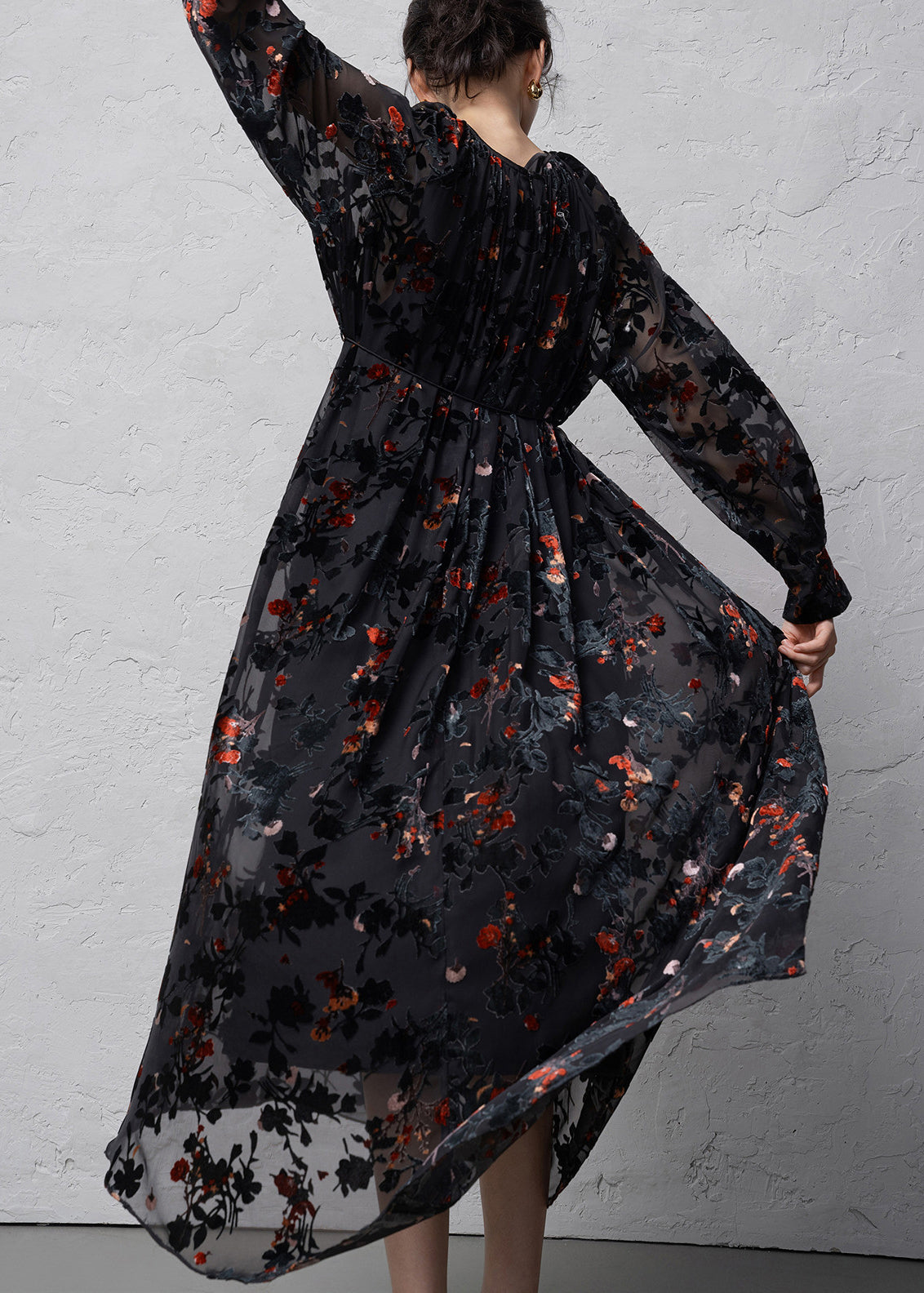 Stylish Black Flocked Jacquard Dress Two Pieces Set Long Sleeve
