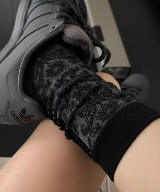 Stylish Black Jacquard Cotton Mid Calf Socks