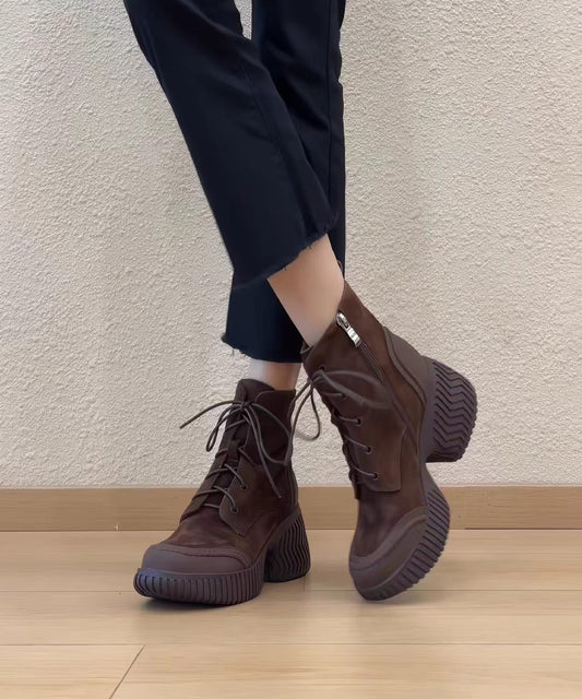 Stylish Black Lace Up Side Zipper Platform Suede Splicing Ankle Boots