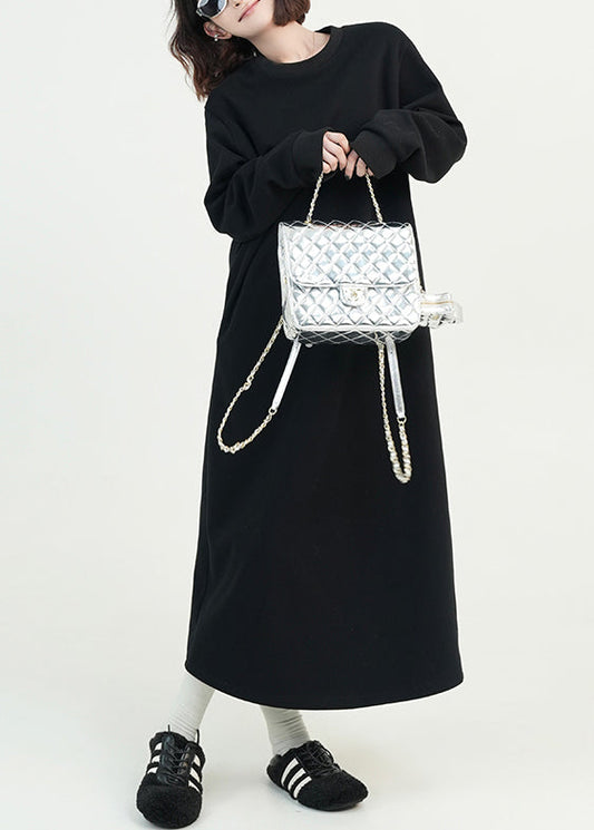 Stylish Black O Neck Cotton Long Dress Spring