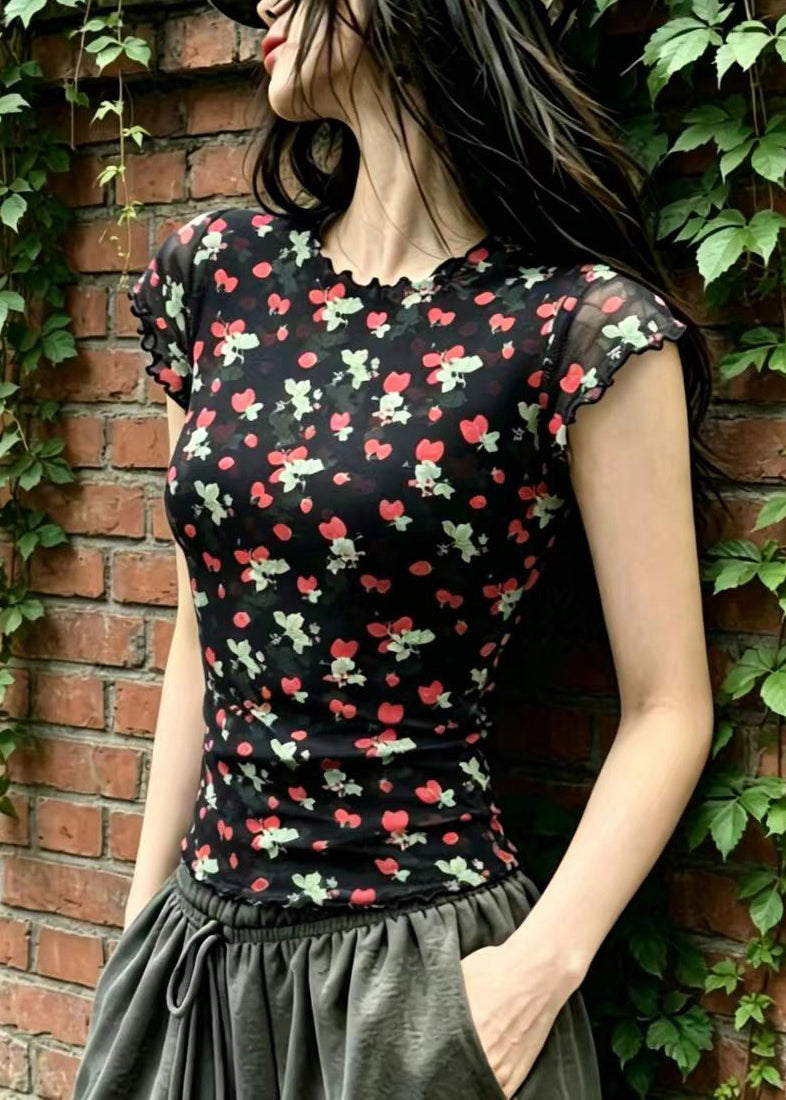 Stylish Black O-Neck Ruffled Print Shirt Tops Short Sleeve