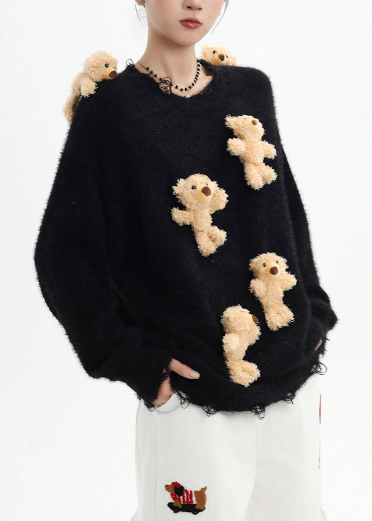 Stylish Black Oversized Cute Bear Ripped Knitted Tops Winter