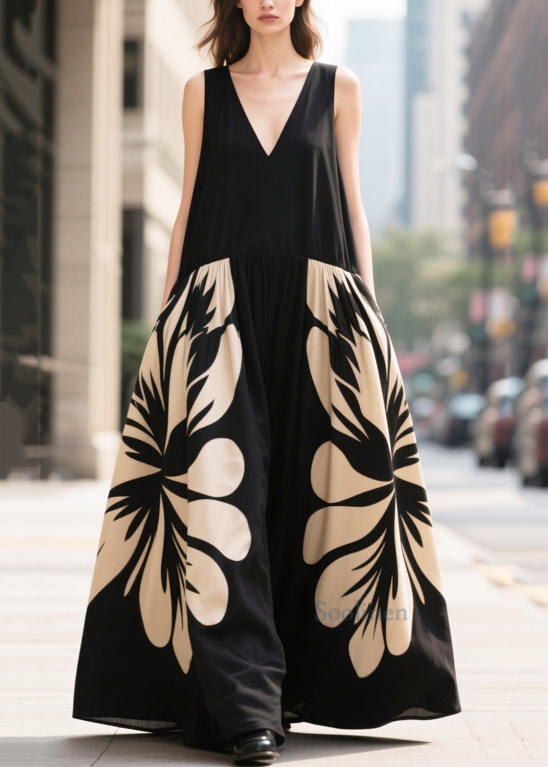 Stylish Black Oversized Print Chiffon Long Dresses Summer