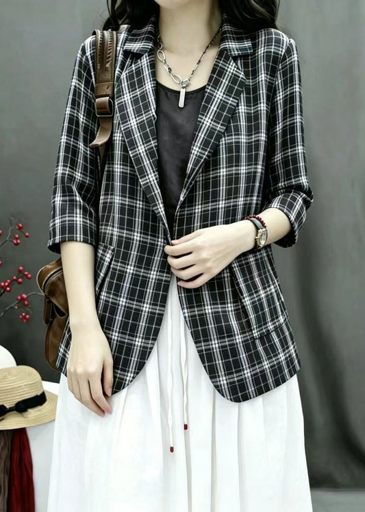 Stylish Black Plaid Notched Thin Jackets Bracelet Sleeve