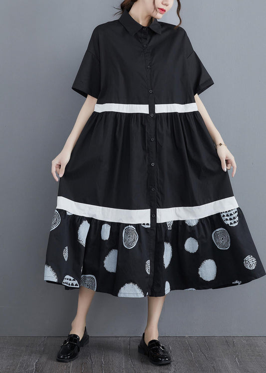 Stylish Black Print Cotton Patchwork A Line Summer Long Dress - SooLinen