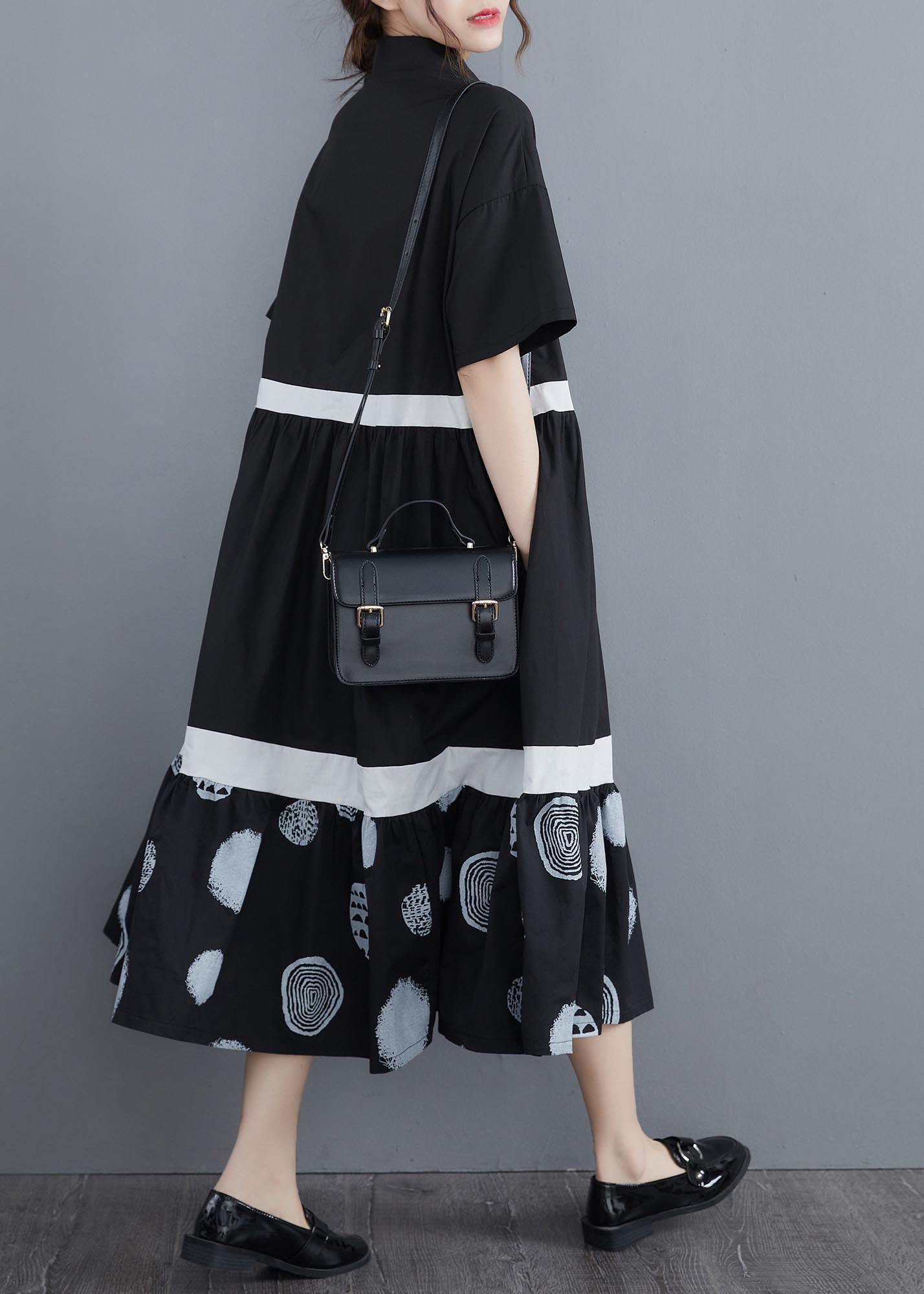 Stylish Black Print Cotton Patchwork A Line Summer Long Dress - SooLinen