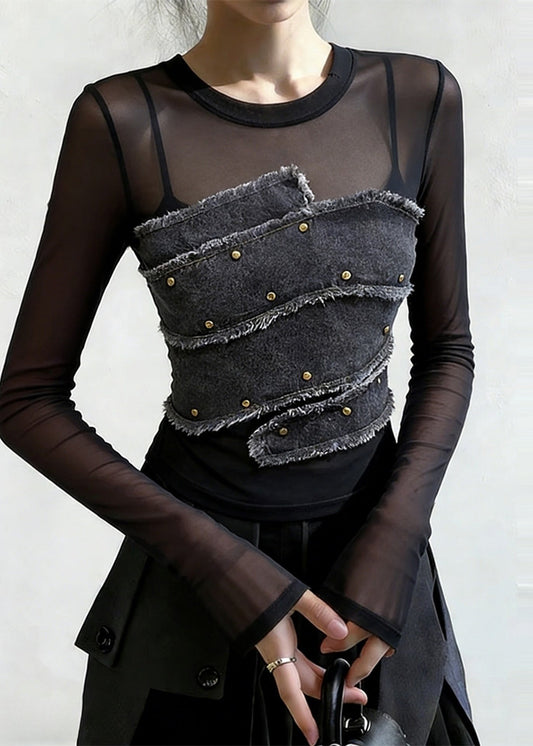 Stylish Black Rivet Denim Patchwork Tulle Shirt Spring