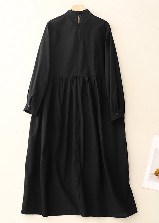 Stylish Black Ruffled Cotton Long Dress Spring