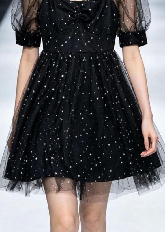 Stylish Black Square Collar Patchwork Tulle Mid Dress Short Sleeve