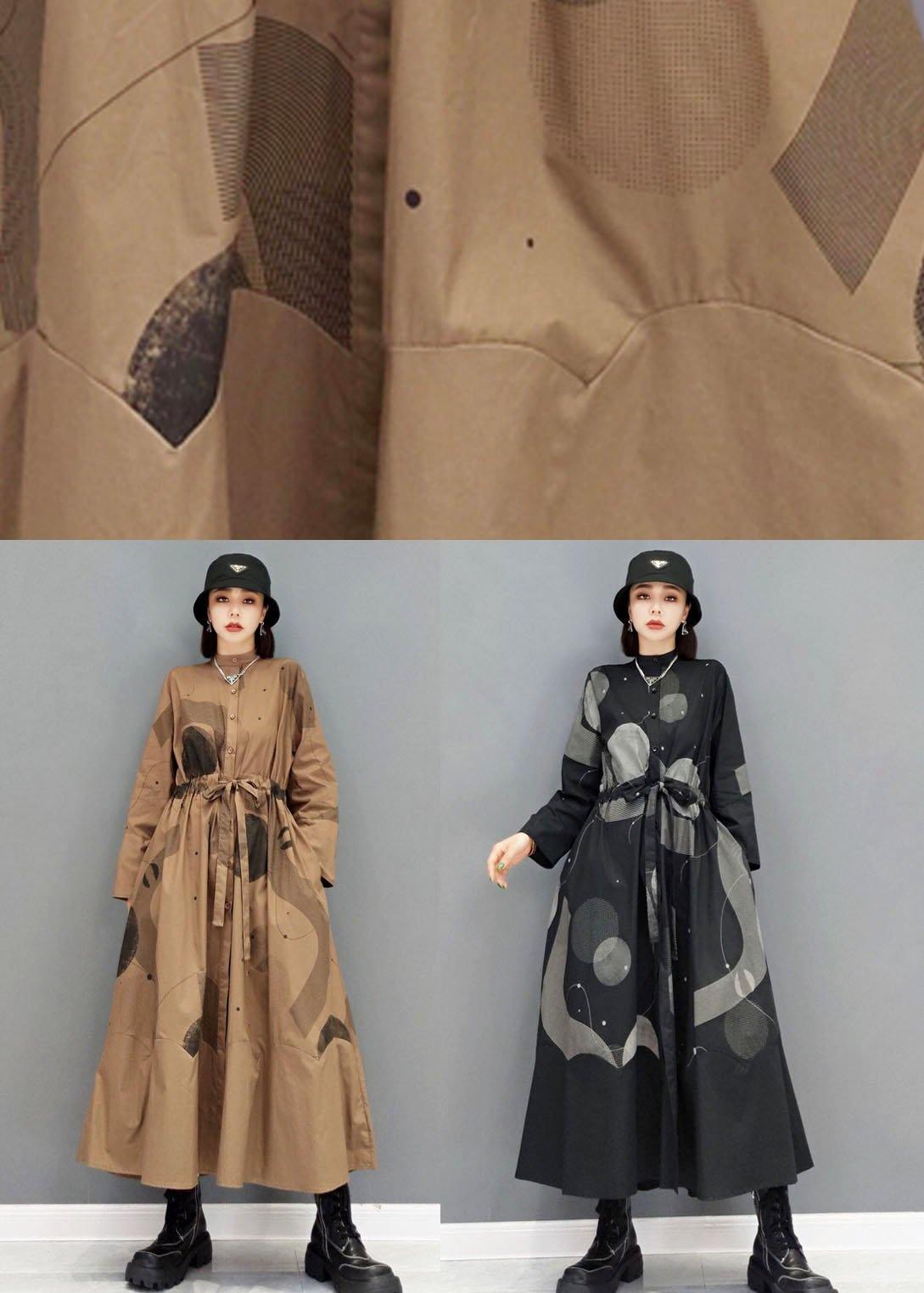 Stylish Black Stand Button Dresses Fall Long Sleeve - SooLinen