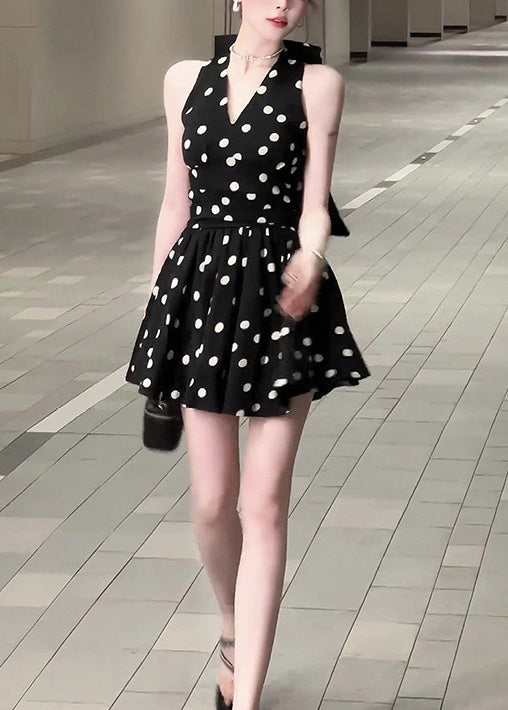 Stylish Black V Neck Dot Bow Cotton Mid Dress Sleeveless