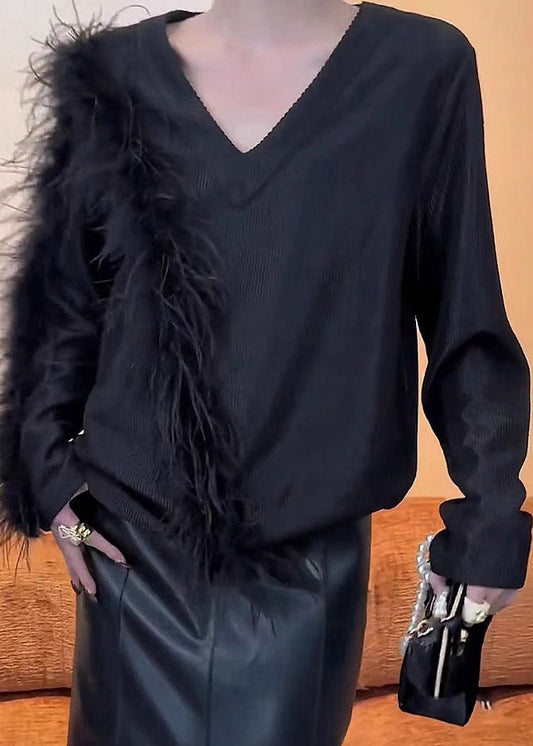 Stylish Black V Neck Patchwork Knit Sweaters Winter