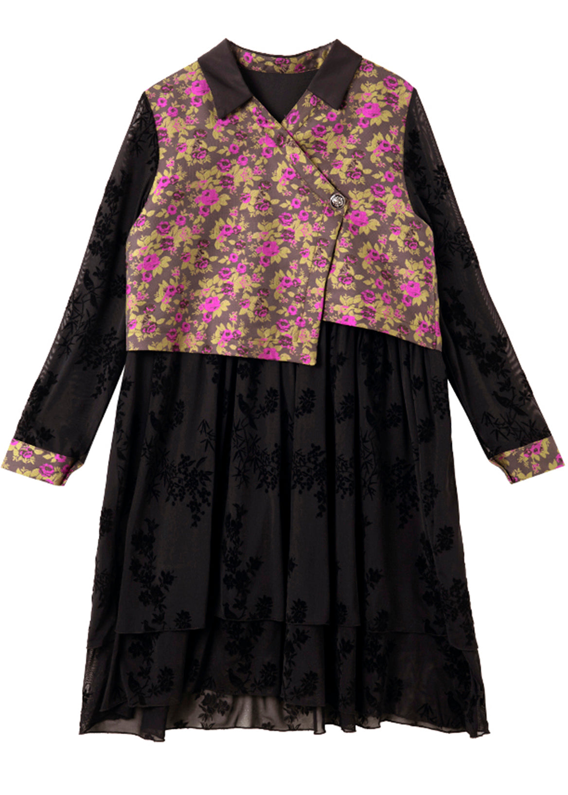 Stylish Black V Neck Print Patchwork Tulle Long Dress Spring