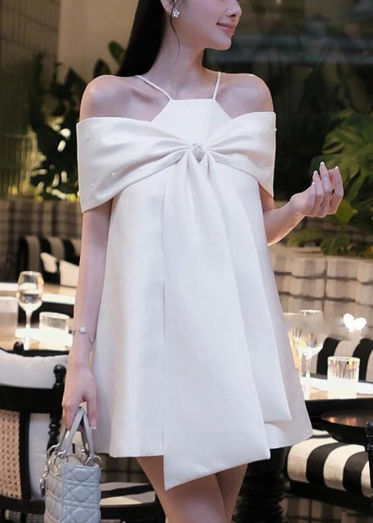 Stylish Blue Cold Shoulder Bow Spaghetti Strap Dress Summer