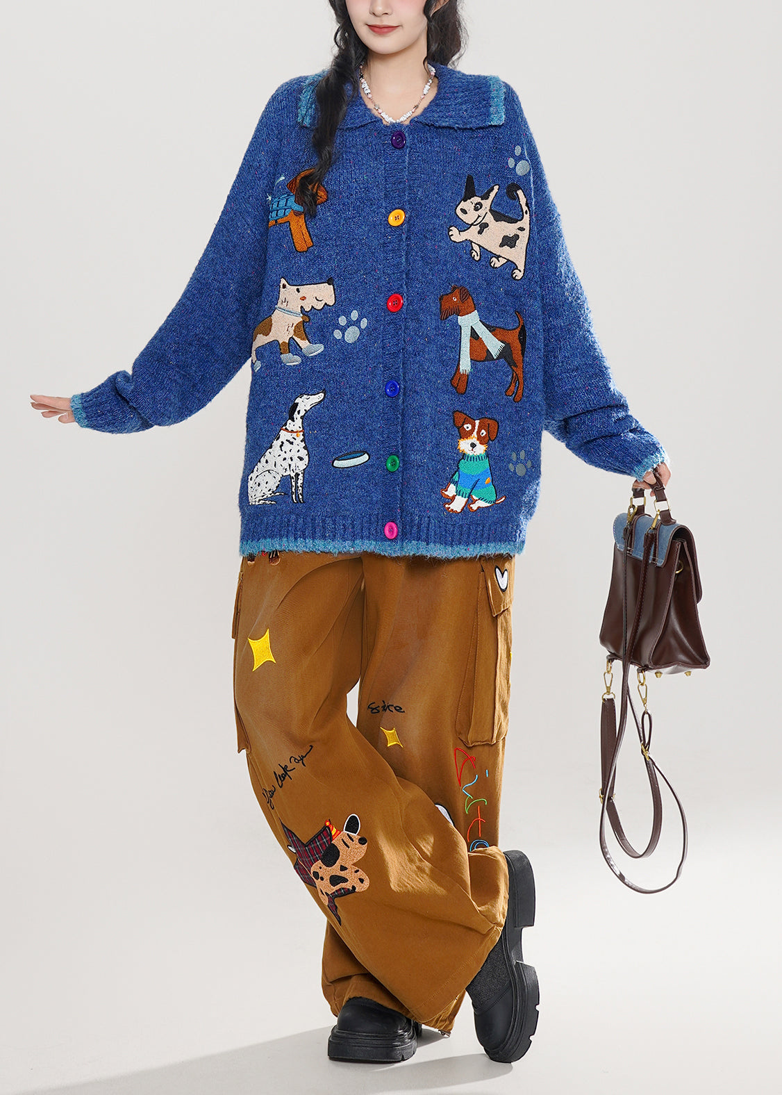 Stylish Blue Embroidered Dog Embroidered Knit Cardigans Winter