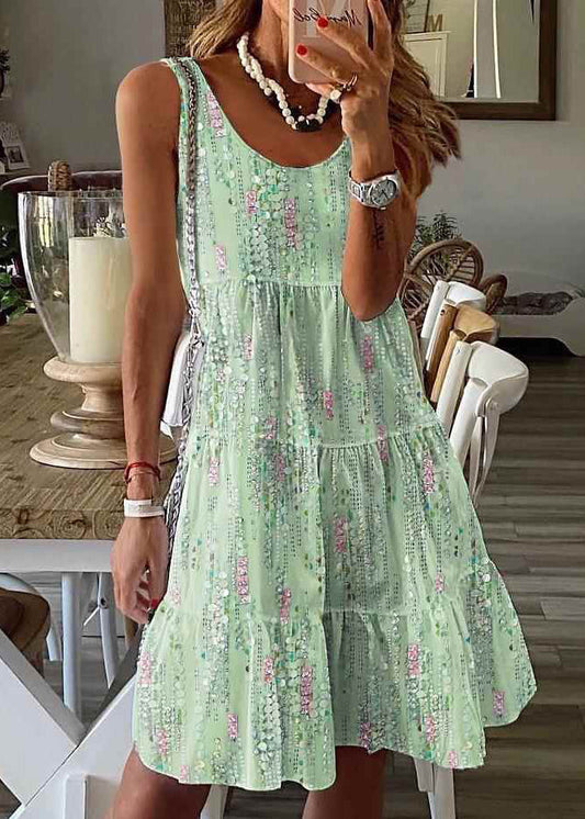 Stylish Blue O-Neck Print Wrinkled Mid Dress Summer