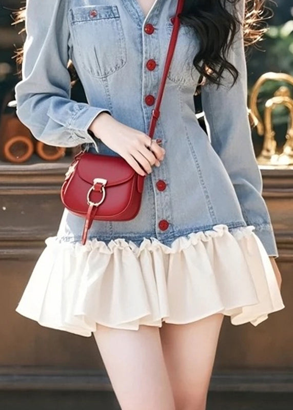 Stylish Blue Peter Pan Collar Ruffled Patchwork Denim Mini Dresses Fall