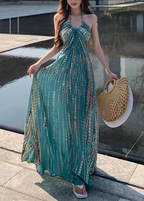 Stylish Blue Print Backless Cotton Vacation Dress Sleeveless